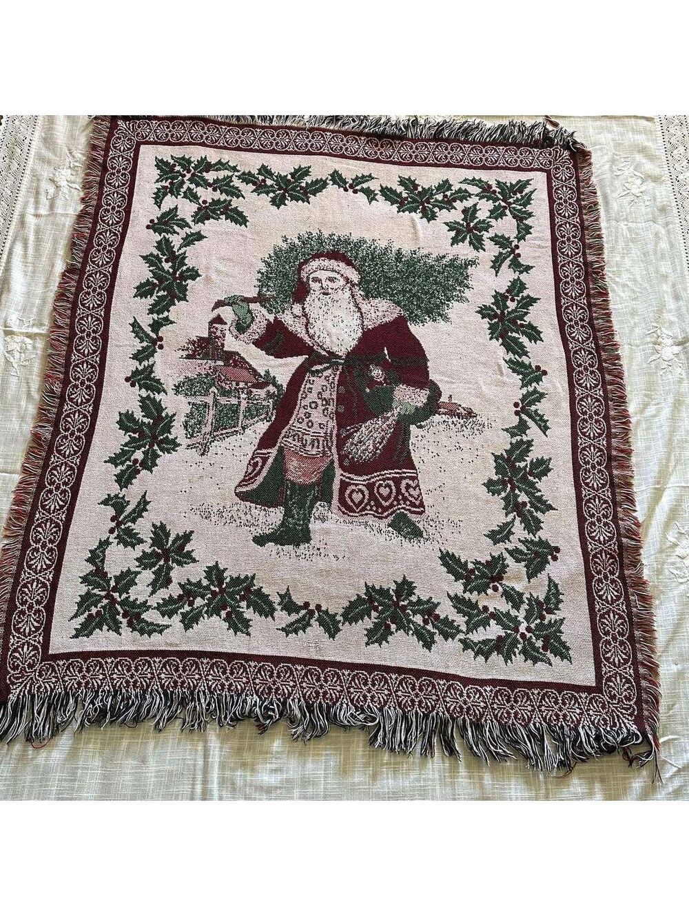Vintage Old World Santa Christmas Tapestry Throw 46x55 Fringe